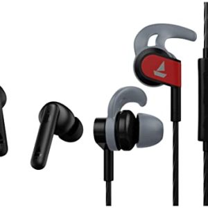 boAt Airdopes 141 True Wireless in Ear Earbuds with mic, 42H Playtime, Beast Mode(Low Latency Upto 80ms) for Gaming, ENx Tech (Bold Black) & Bassheads 242 in Ear Wired Earphones with Mic