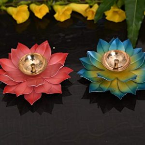 Collectible India Diya for Puja Home Decoration Item Gift, Lotus Brass Diyas Oil Lamp Pooja, Diwali Gifts (Set of 2)