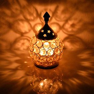 Collectible India Akhand Diya Diyas Decorative Brass Crystal Oil Lamp, Tea Light Holder Lantern Oval Shape Diwali Gifts Home Decor Puja Lamp (Small)
