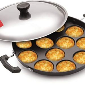 Tosaa Aluminium 12 Cavity Appam Patra Paniyarakkal Two Side Handle with Steel lid & Wooden Picker, ( 23 cm, Black)