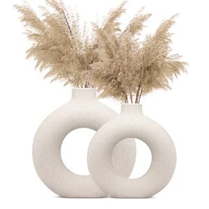 INDULGE HOMES – White Vase | Flower Vase | Pampas Grass Vase | Ceramic Vase | Round Shaped Vase | Home Decor Centrepiece | Decor Showpiece Donut Vase 6 & 8 Inches (Pack of 2)