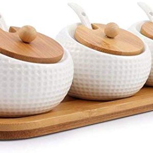 Leeonz® Porcelain Condiment Jar Spice Container with Lids – Bamboo Cap Holder Spot, Ceramic Serving Spoon, Wooden Tray – Best Pottery Cruet Pot for Your Home, Kitchen, Counter. White,170 ML, Set of 3