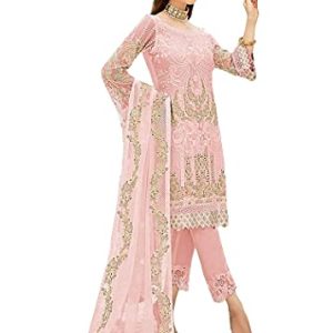 Miss Ethnik Women’s Faux Georgette Semi Stitched Top With Unstitched Santoon Bottom and Nazmin Dupatta Embroidered Straight Kurta Dress Material (Pakistani Salwar Suit)