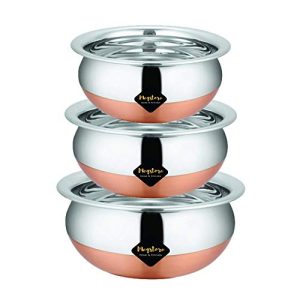Meqstore Home Kitchen Appliances Stainless Steel Serving Handi Pan, Copper Bottom Biryani Handi Punjabi Pot Pan Combo Handi Set of 3