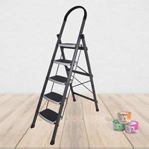 Plantex High Grade Metal Folding Ladder for Home/Ladder 5 Steps for Home use-Anti Skid Steps(Gray & White)