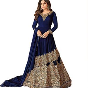 Miss Ethnik Women’s Faux Georgette Semi Stitched Top With Stitched Faux Georgette Bottom and Nazmin Dupatta Embroidered Flared Top Dress Material (Lehenga) (1050)