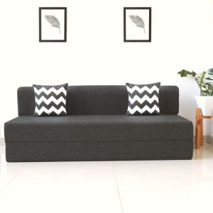 uberlyfe 3 Seater Sofa Cum Bed – Jute Fabric Washable Cover – Dark Grey with 2 Cushions(Zigzag Pattern) | 6′ X 6′ Feet