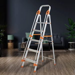 Plantex Secura Ladder for Home-Aluminium Foldable 5 Step Ladder with Safe Hand Rail (Orange-Silver)