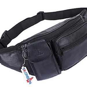 K London Stylish Real Leather Black Waist Bag Elegant Style Travel Pouch Passport Holder with Adjustable Strap(1276_blk)
