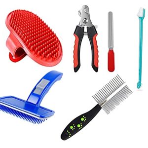PSK PET MART 6 in 1 Dog Grooming Kit Bath Brush| | Toothbrush | Double Side Comb | Nail Cutter Small | Nail Filler | Pet Self Cleaning Slicker Brush | Pet Spa Kit