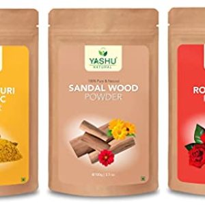 YASHU Pure Organic Kasturi Turmeric Haldi Chandan (Sandalwood) & Rose Petals Powder for Glowing Skin | Face Brightening Combo | For Men & Women (300g)