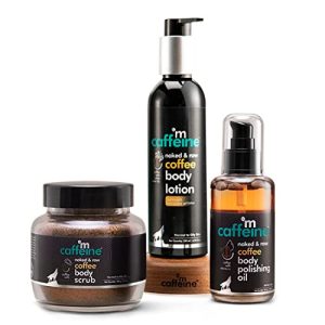 mCaffeine Body Toning & Polishing Kit with Coffee Body Massage Oil, Exfoliating Body Scrub & Moisturizing Body Lotion | 3 Step Body Care Routine for Men & Women and All Skin Types