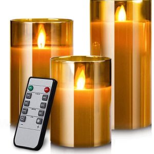 LTETTES LED Flameless Flickering Decorative Amber Color Glass Candle Set of 3 Cup Candles – 4″,5″,6″x3″ Real Wax Made AA Battery Powered with Remote for Home Decor,Birthday,Wedding Ideal for Gifting