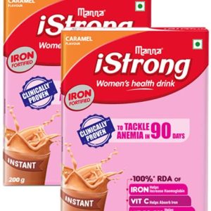 Manna iStrong |Caramel 400g | Clinically Proven to Tackle Anemia in 90 Days | Iron Fortified Women’s Health Drink Mix | Iron Supplement | Natural Multigrain Energy Drink 200g (Pack of 2)