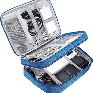 House of Quirk Electronic Bag Travel Cable Accessories Bag Double Layer Electronics Organizer Portable Storage Case for Cable, Cord, Charger, Phone, Adapter, Power Bank, Hard Drives – Light Blue