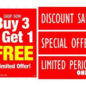LEPPO Buy One Get One Free Sale Self Adhesive Laminated Poster & Stickers Use for Shops, Malls, Retail Stores Clearance Promotion Discount Deals – Combo Pack RED (Buy 3 Get 1, 3 Pc Qty)