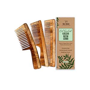 Nat Habit Kacchi Neem Comb, Wooden Comb | Hair Growth, Hairfall, Dandruff Control | Hair Straightening, Frizz Control | Comb for Men, Women | Treated with Neem Oil, (Dual + Wide + Fine Combo)