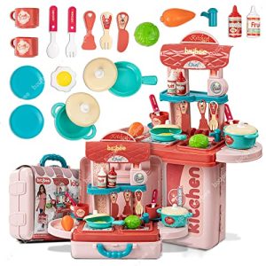 Baybee 3 in 1 Kitchen Set for Kids Portable Pretend Play Little Chef Plastic Toys Set for Kids with Suitcase Role Play Cooking Kitchen Set Kids Toys for Girls & Boys (Pink)