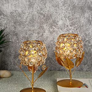 Collectible India Gold Plated Crystal Candle Holder Tea Light Stand Votive- Decorative Tealight Holders for Home Office Living Room Indoor Garden Dining Centerpiece Decoration (1 Box)