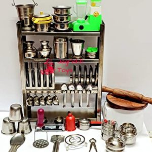 Jagrishti Toys Supreme 1 Miniature Steel Kitchen Set for Kids, Girls with Barbie | Big Size Baby Mini Small Kitchen Toy | Real Cooking Bhatukali Wooden Chakla Belan| Kichan Set Baratan Kids