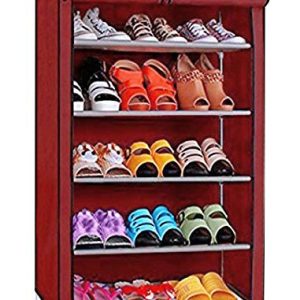 FLIPZON Multipurpose 5 Shelves Shoe Rack With Zip Door Cover & Side Pockets, Multiuse Storage Rack For Footwear, Toys, Clothes With Dustproof Cover (5 Shelves, Maroon, Plastic)