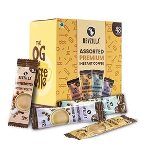 Bevzilla Instant Coffee Powder – 48 Sachet | Turkish Hazelnut, Colombian Gold, French Vanilla & English Butterscotch | 12 Sachets Each Flavour| Hot & Cold Coffee| Makes 48 Cups| 100% Arabica Coffee