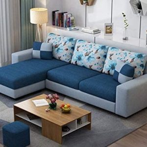 Casaliving Rolando Wood 4 Seater L Shape Sofa for Living Room with 2 Puffy – (Blue Grey) LHS