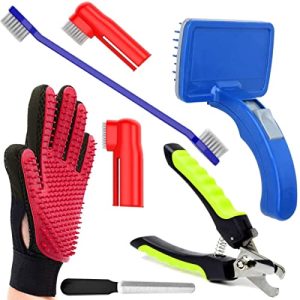 RvPaws Dog Grooming Kit – Dog Nail Clippers with Filer + Dog Toothbrush Kit + Dog Plastic Slicker Brush with Press Key for Puppies and Dogs + Pet Grooming Glove for Dog