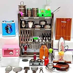 Jagrishti Toys Edition 1.D Miniature Steel Kitchen Set for Kids, Girls With Barbie | Big Size Baby Mini Small Kitchen Toy |Non Real Cooking Non Working Bhatukali Wooden Chakla Belan