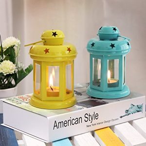 TIED RIBBONS Set of 2 Iron Hanging Lantern Tealight Holder – Decorations Items for Home Décor Bedroom Living Room Table Wall Hanging (Yellow and Blue) – Gifts