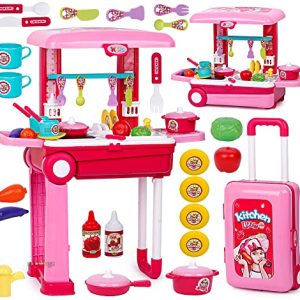 Zest 4 Toyz Kitchen Set for Kids Girls Big Cooking Set Light and Sound Portable Trolley Pretend Play Toys Battery Operated (Pink-C)