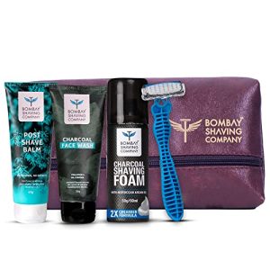Bombay Shaving Company Grooming And Shaving Travel Kit For Men |Pack Contain Charcoal Face Wash, Charcoal Shaving Foam, Post Shave Balm, the Boss Razor and a Travel Bag |