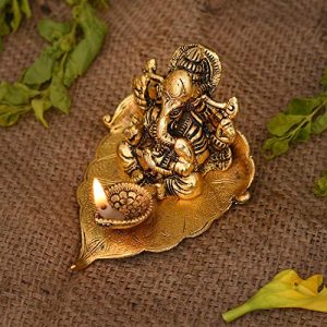 Collectible India Ganesh Idol on Leaf – Lord Ganesha with Diya – Metal Hand Craved for Home Decorative Gift Puja Gifts Corporate